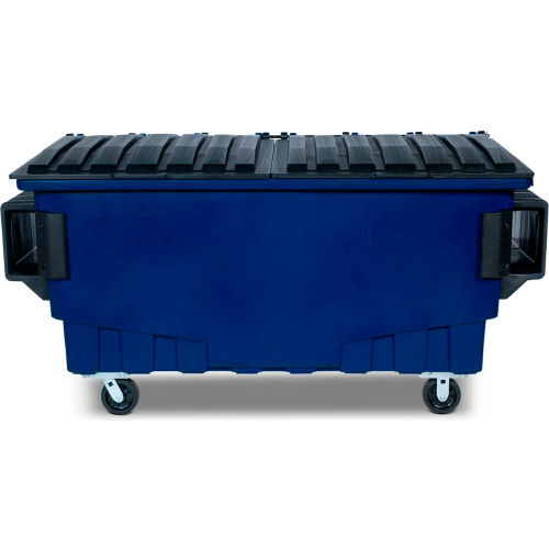 Blue dumpster on wheels